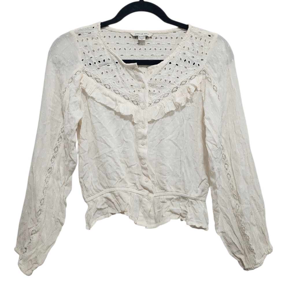American Eagle Women’s XS Lace Accent Peasant Blouse‎ Cream Top Long Sleeve